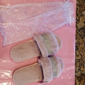 Pink Fuzzy Slippers with Rhinestone Strap